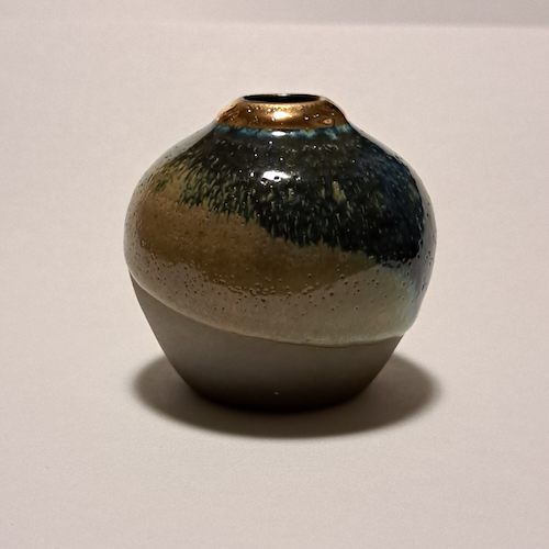 JP-008 Pottery Handmade Miniature Vase Gold, Blue, Sand, Gray $68 at Hunter Wolff Gallery