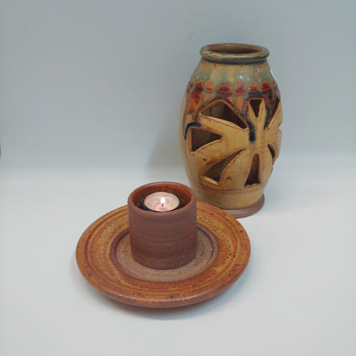 #220206 Candle Lantern Tan/Brown/Moss $22.50 at Hunter Wolff Gallery