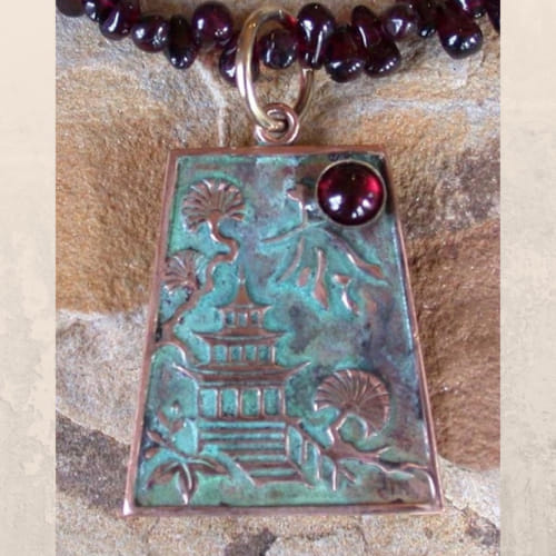 EC-078 Necklace Asian Pagoda Motif, Garnet $115 at Hunter Wolff Gallery