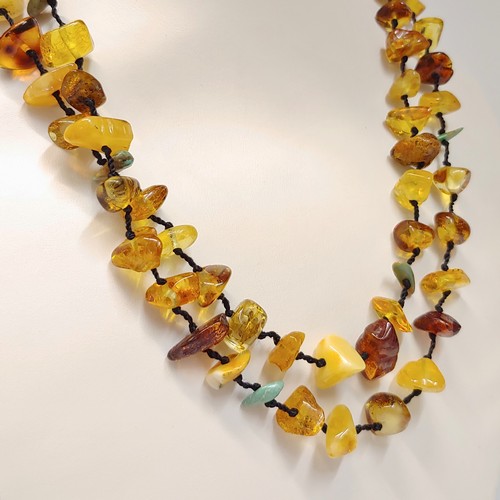 HWG-098 Necklace, Vintage Hand Knotted Multi-Color Amber & TQ $135 at Hunter Wolff Gallery