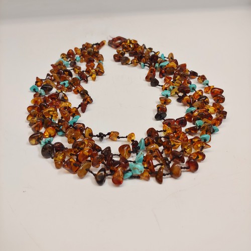 HWG-099  Necklace Vintage Hand Knotted Multi-Color Amber & TQ $260 at Hunter Wolff Gallery