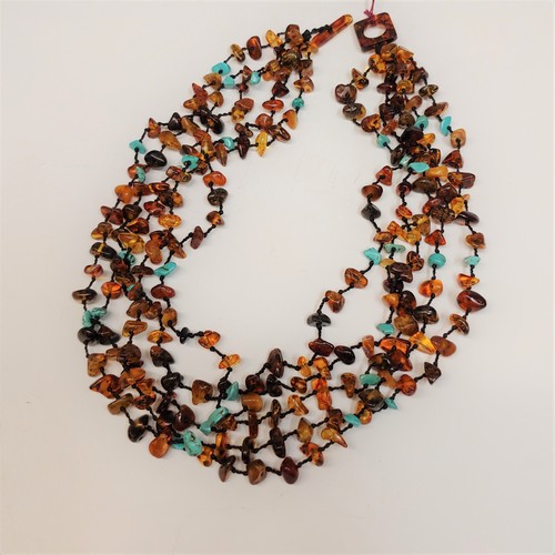 HWG-099  Necklace Vintage Hand Knotted Multi-Color Amber & TQ $260 at Hunter Wolff Gallery