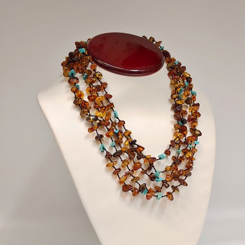 HWG-099  Necklace Vintage Hand Knotted Multi-Color Amber & TQ $260 at Hunter Wolff Gallery