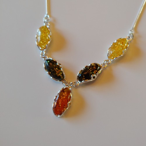 HWG-109 Necklace Yellow, Green 5 Amber Ovals $95 at Hunter Wolff Gallery