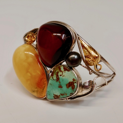 HWG-125 Bangle, Light/Dark Amber/TQ/Pearl/Silver/Gold $426 at Hunter Wolff Gallery