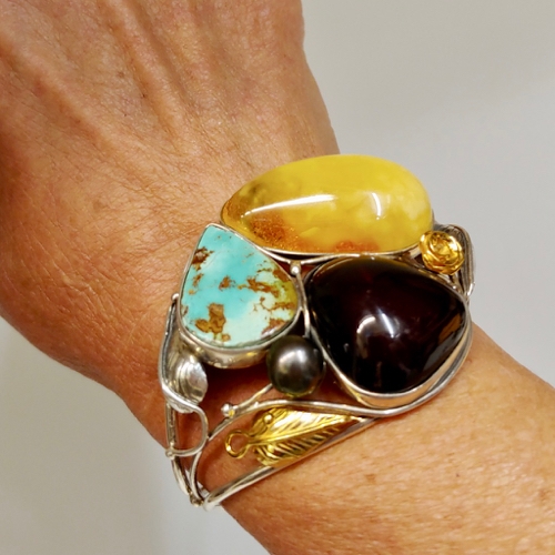 HWG-125 Bangle, Light/Dark Amber/TQ/Pearl/Silver/Gold $426 at Hunter Wolff Gallery