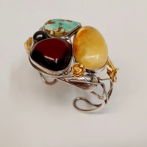 HWG-125 Bangle, Light/Dark Amber/TQ/Pearl/Silver/Gold $426 at Hunter Wolff Gallery