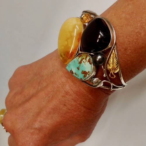 HWG-125 Bangle, Light/Dark Amber/TQ/Pearl/Silver/Gold $426 at Hunter Wolff Gallery