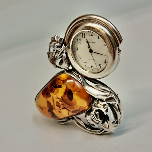 HWG-2399 Clock, Large Amber and Sterling Silver $260 at Hunter Wolff Gallery