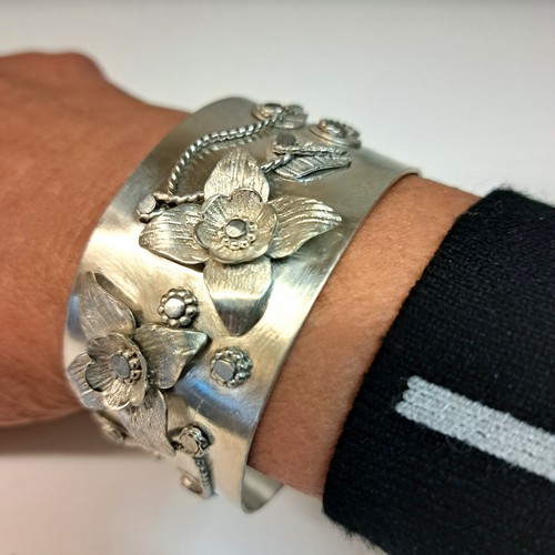 DKC-2040 Cuff, Sterling Silver Flowers, Texture $300 at Hunter Wolff Gallery