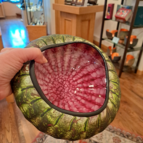 GBG-044 Primitive Bowl, Green with Raspberry Interior $440 at Hunter Wolff Gallery