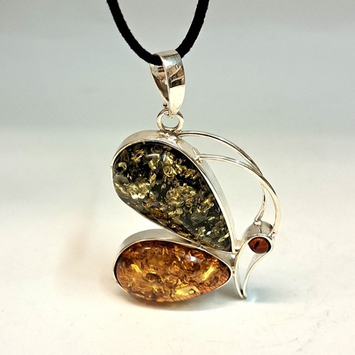 HWG-2418 Pendant Butterfly Green and Rum Amber $212 at Hunter Wolff Gallery