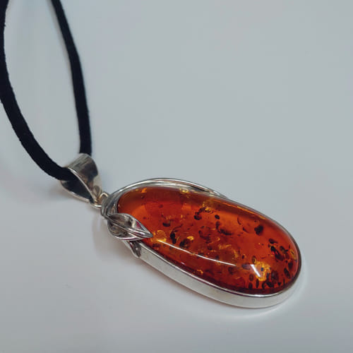 HWG-027 Pendant, Oval, Silver Leaf, Amber $87 at Hunter Wolff Gallery
