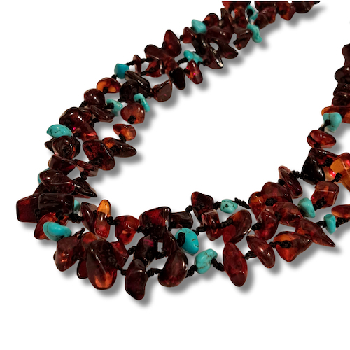 Click to view detail for HW-4001 Necklace, Amber Drk & TQ, 3 Strands $160