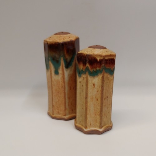 #220418 Salt & Pepper Shaker Set Tan/Brown/TQ $16.50 at Hunter Wolff Gallery