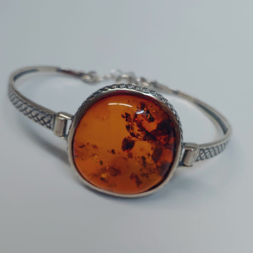 HWG-048 Bangle, Large Round Amber, Textured Silver $125 at Hunter Wolff Gallery