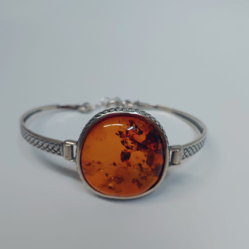 HWG-048 Bangle, Large Round Amber, Textured Silver $125 at Hunter Wolff Gallery