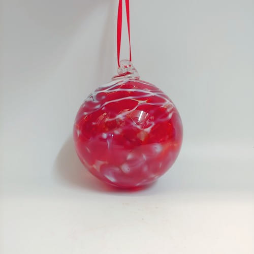 DB-614 Frit twist ornament - red with white lines $33 at Hunter Wolff Gallery