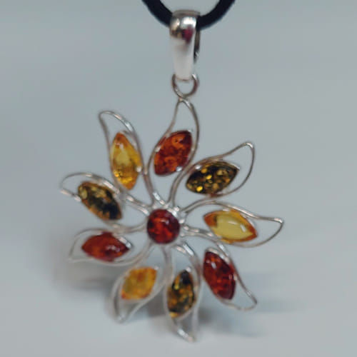 HWG-069 Pendant, 9 Petal Flower, Multi-Color Amber $50  at Hunter Wolff Gallery