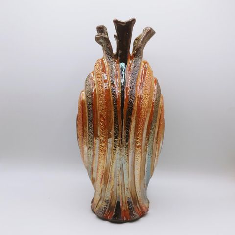 Click to view detail for #211044 Anniversary Vase Raku Vertical Stripes $89