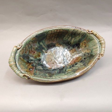 #20842 Biscuit Bowl 13x7x7.25 Green Pattern at Hunter Wolff Gallery