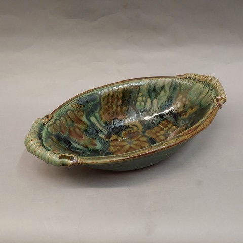 #20842 Biscuit Bowl 13x7x7.25 Green Pattern at Hunter Wolff Gallery