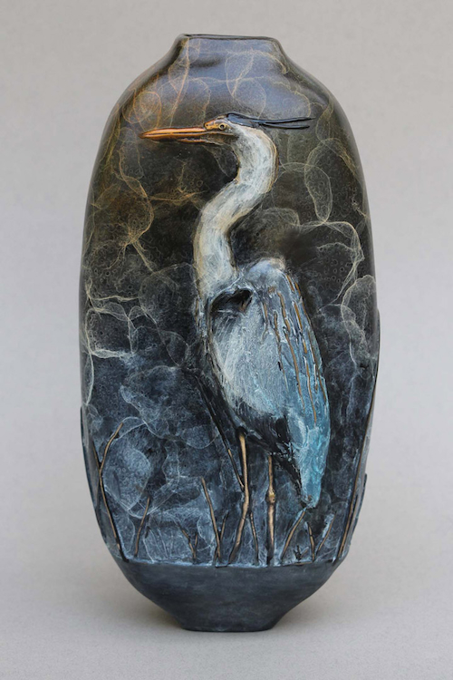 FL144 Great Blue Heron Bronze Vase $2250 at Hunter Wolff Gallery