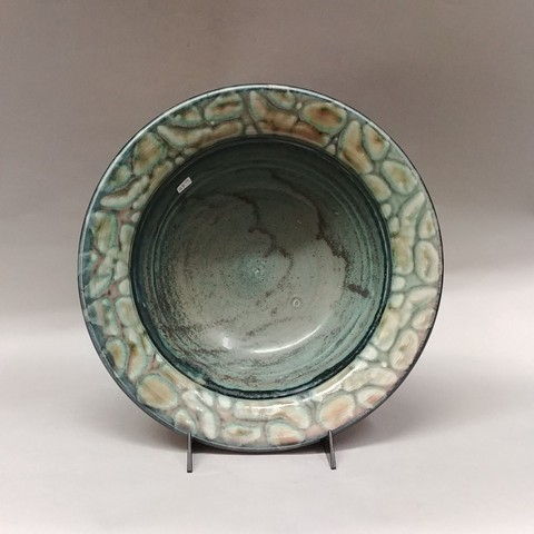 Bowl Medium 13 Green Mixed Textured Edge at Hunter Wolff Gallery