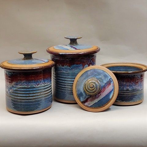 Canister Set, Three Canisters in Blue & Red at Hunter Wolff Gallery