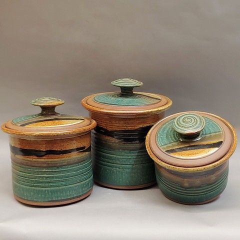 Canister Set, Three Canisters in Green & Tan at Hunter Wolff Gallery