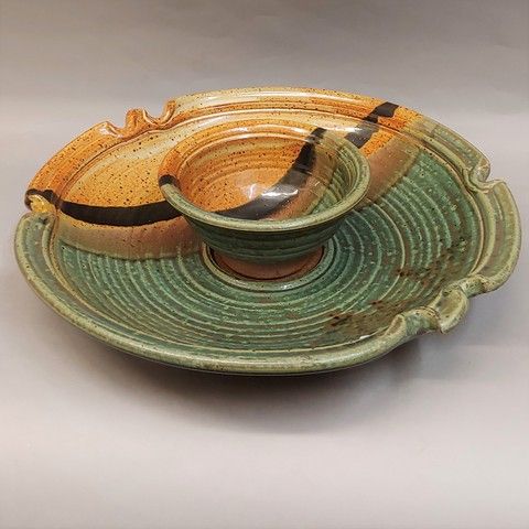 Chip & Dip, Round with Detachable Bowl Green & Tan at Hunter Wolff Gallery