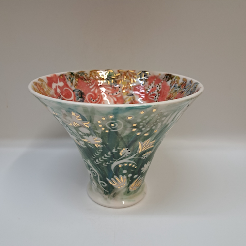 Click to view detail for CP-004 Vase, Wide Mouth, Abstract Salmon-Green $350