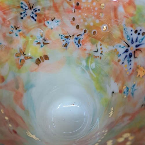 CP-005 Vase, Wide Mouth, Abstract Yellow/Green/Orange-Purple $350 at Hunter Wolff Gallery