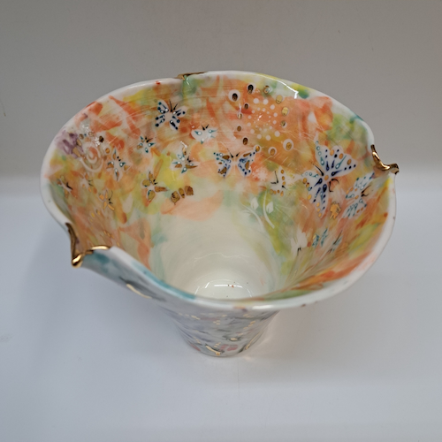 CP-005 Vase, Wide Mouth, Abstract Yellow/Green/Orange-Purple $350 at Hunter Wolff Gallery