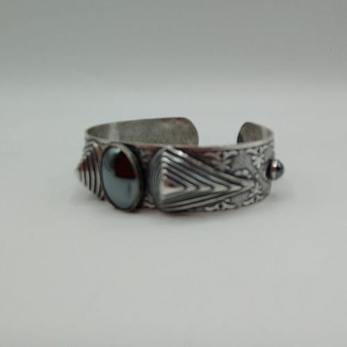 EC-020 Cuff Bracelet Antique Silver  Art Deco - Hematite Cabochan $117 at Hunter Wolff Gallery