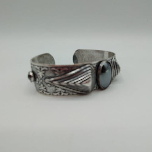 EC-020 Cuff Bracelet Antique Silver  Art Deco - Hematite Cabochan $117 at Hunter Wolff Gallery