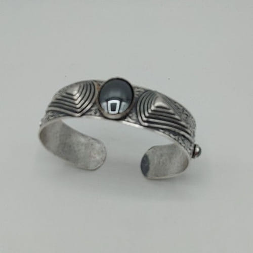 EC-020 Cuff Bracelet Antique Silver  Art Deco - Hematite Cabochan $117 at Hunter Wolff Gallery