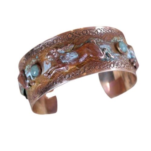 EC-099 Cuff-Olive Patina Solid Brass Running Rabbit - Carnelian $188 at Hunter Wolff Gallery