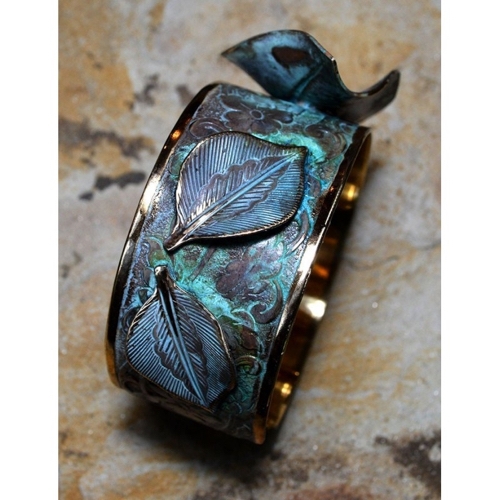EC-103 Cuff-Verdigris Patina Brass Detailed Sculptural Leaves $163 at Hunter Wolff Gallery