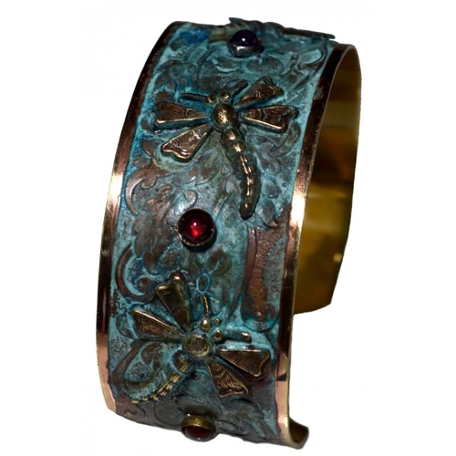 Click to view detail for EC-104 Cuff-Verdigris Patina Brass Dragonflies  $172