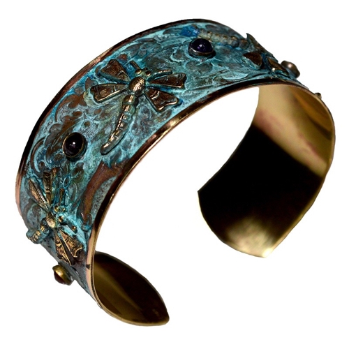EC-104 Cuff-Verdigris Patina Brass Dragonflies  $172 at Hunter Wolff Gallery