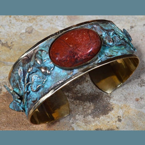 Click to view detail for EC-051 Cuff Zen Garden Butterflies on Flowers - Rainbow Jasper $100