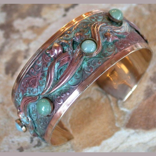 EC-163 Cuff, Bluebells Floral, Amazonite, Jade $112 at Hunter Wolff Gallery