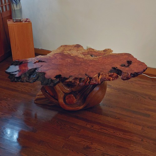 JW-180 Redwood  Burl & Juniper Table $5400 at Hunter Wolff Gallery