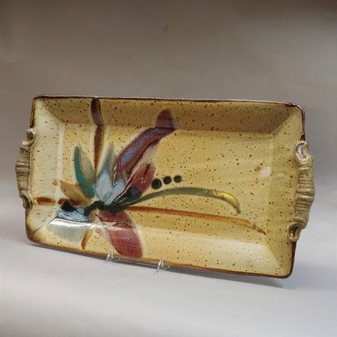 Platter, Tan with Blue/Teal Splash 20x11 at Hunter Wolff Gallery