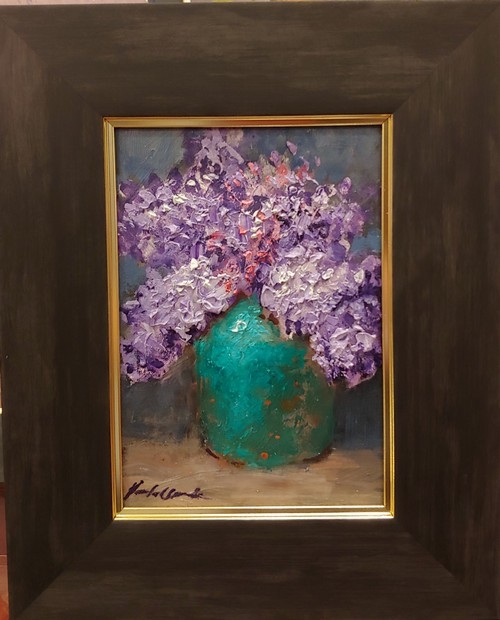 Purple Lilacs & Turquoise Jug 7x5 $195 at Hunter Wolff Gallery
