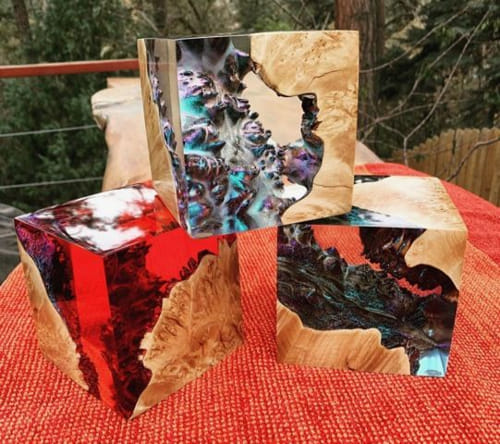 SH068 Cube Maple Burl & Red Resin at Hunter Wolff Gallery