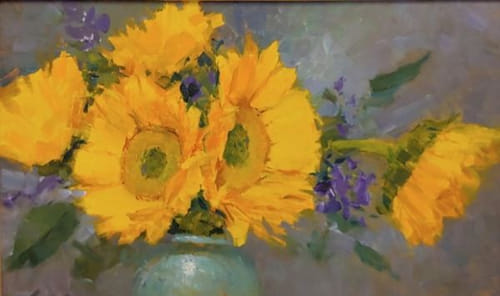 Sunflowers in Blue Vase at Hunter Wolff Gallery