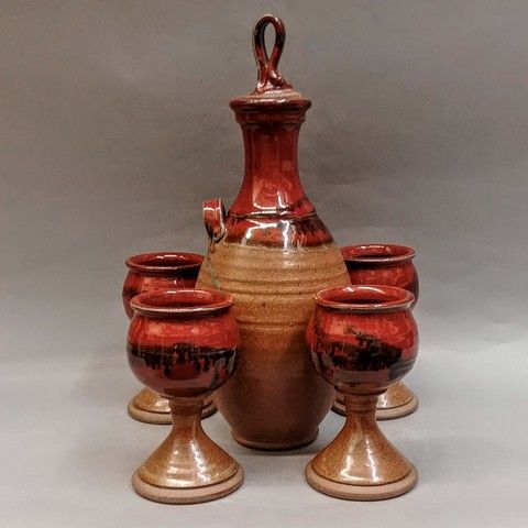 Wine Decanter, Red/Black with Four Goblets at Hunter Wolff Gallery