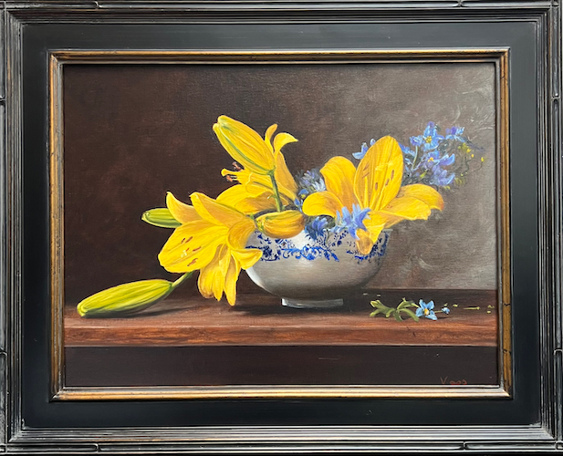 Yellow Lilies in Bowl 18 x 24 $1500 at Hunter Wolff Gallery
